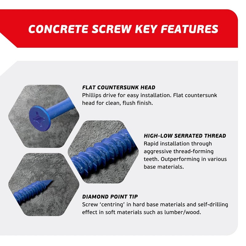 FixMaster 3/16 x 4 Countersunk Phillips Flat Head Blue Concrete Screw Anchors (100 pcs Screw Kit) with one Screwdriver and Drill Bit for Concrete, Masonry, Block, Brick and Wood Fastening - Image 3